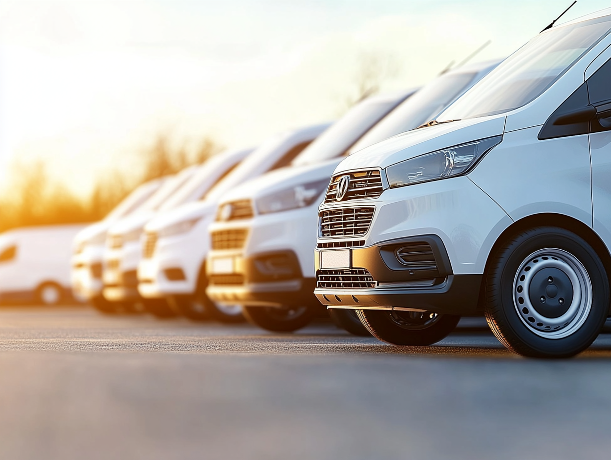 A line of white hire vans lit by low golden sunlight, front three-quarter view